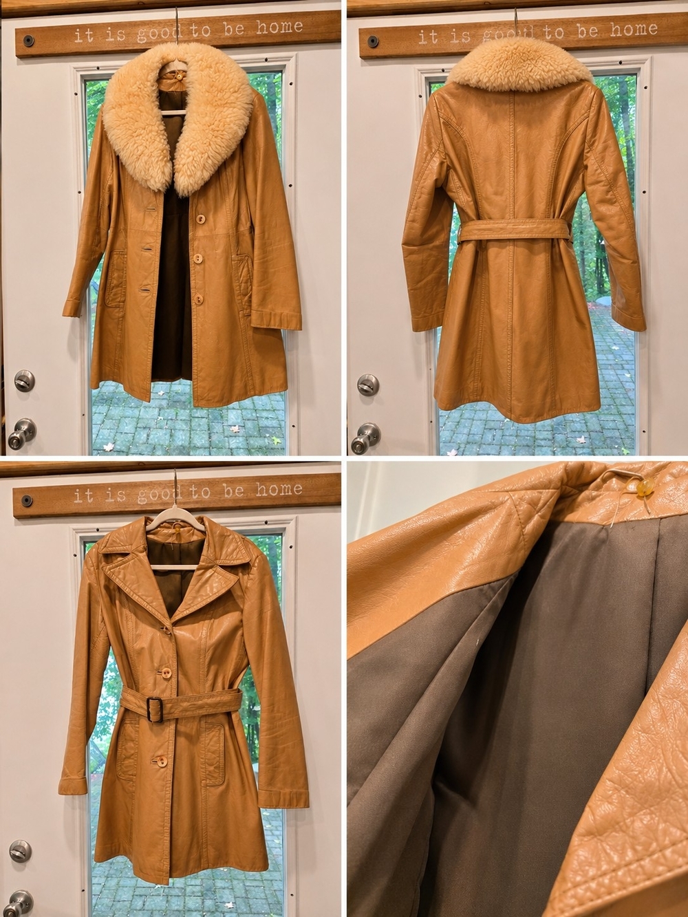 Vintage 1970s Genuine Leather Trench Coat Removable Shearling Collar Belted Boho - Picture 2 of 14